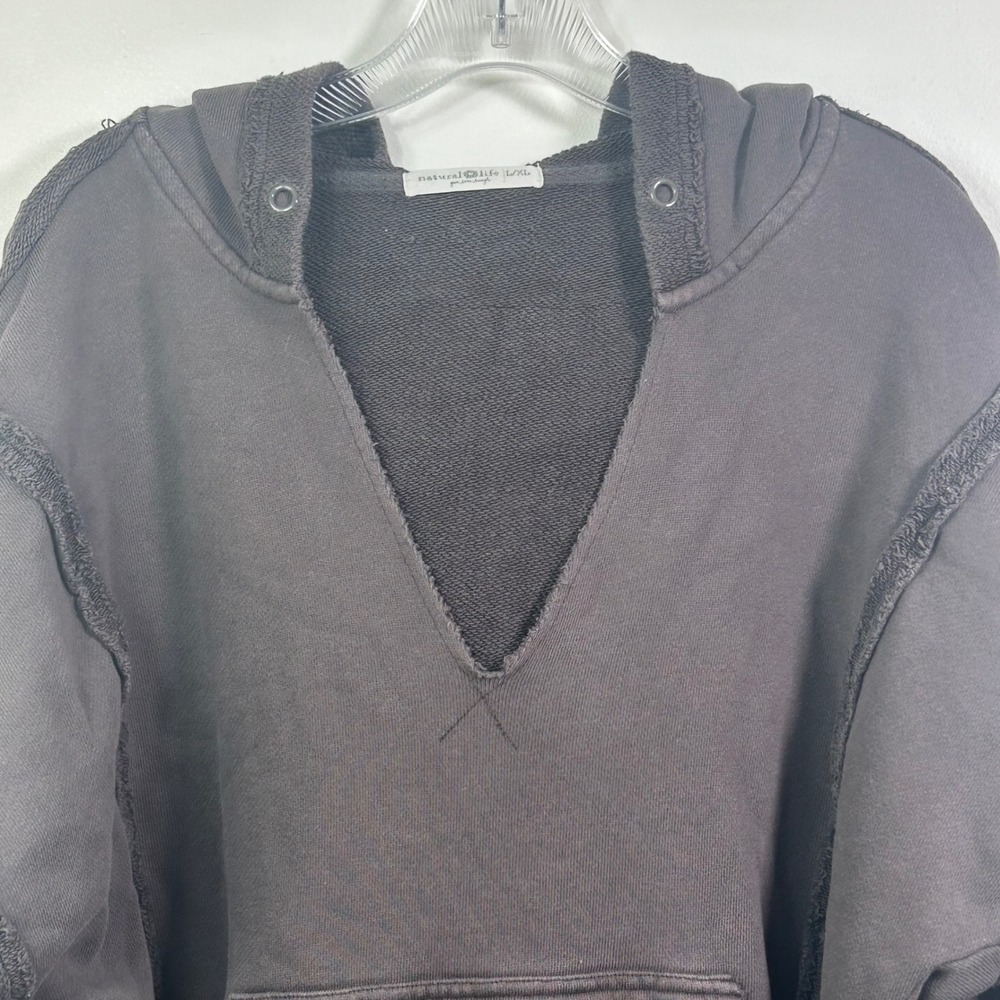 Natural Life V-Neck Distressed Hoodie Faded Black Raw Edge Cotton L/XL - Picture 3 of 8